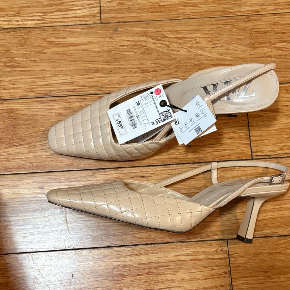 Elegant Beige Quilted Slingback Heels-Zara